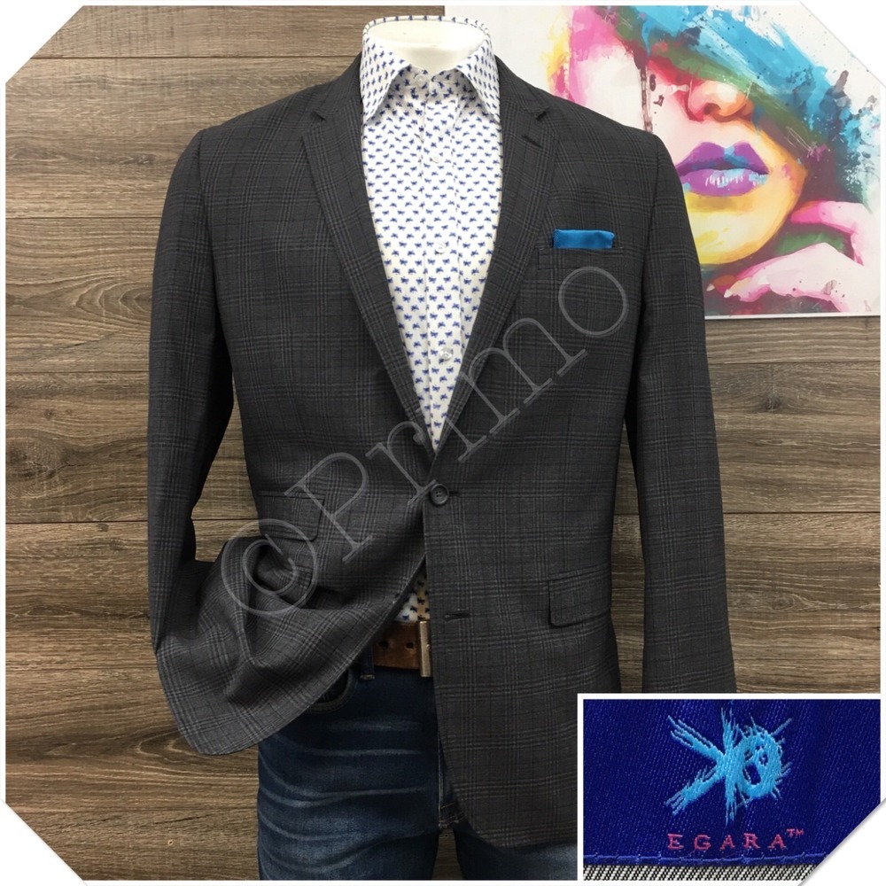 EGARA Mens Wool Blazer Sport Coat Casual Jacket Size 44L Slim Fit Gray Suit